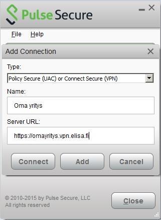 Kirjoita Server URL -kenttään organisaatiosi vpn-palvelun osoite ja