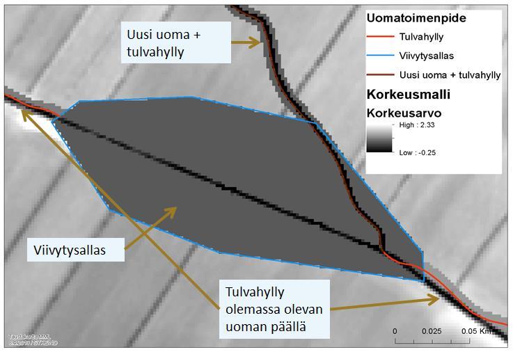 Kuva 19. Esimerkki digitoiduista uomatoimenpiteistä ja muokatusta korkeusmallista suunnittelutilanteessa. Kaikki raportissa esitetyt korkeudet N2000-korkeusjärjestelmässä.