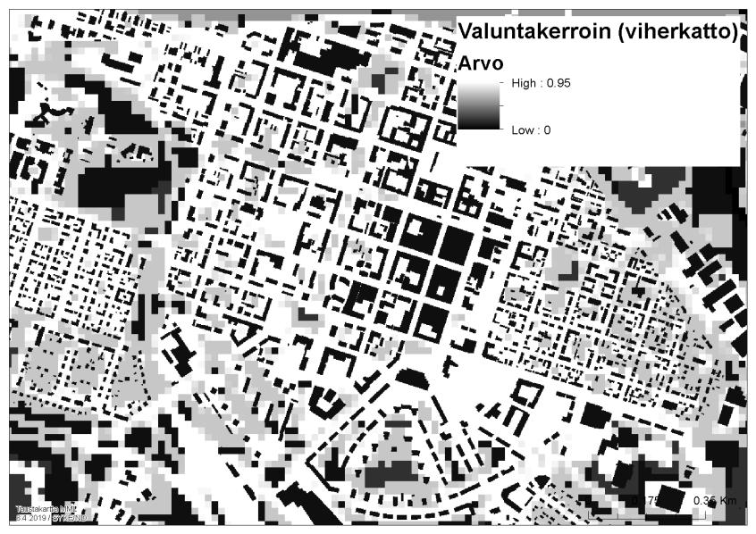 Viherkatot Valunnaksi muuttuvan sadannan osuus laskettiin mallissa valuntakertoimen avulla (mitä suurempi valuntakerroin, sitä vähemmän vettä pidättyy laskentasolussa).