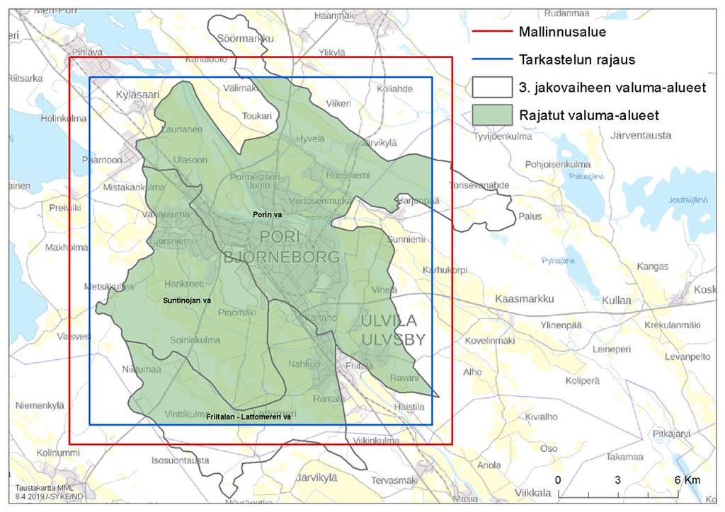 Kuva 23. Mallinnusalue, tulosten käsittelyalue ja 3. jakovaiheen valuma-alueet.