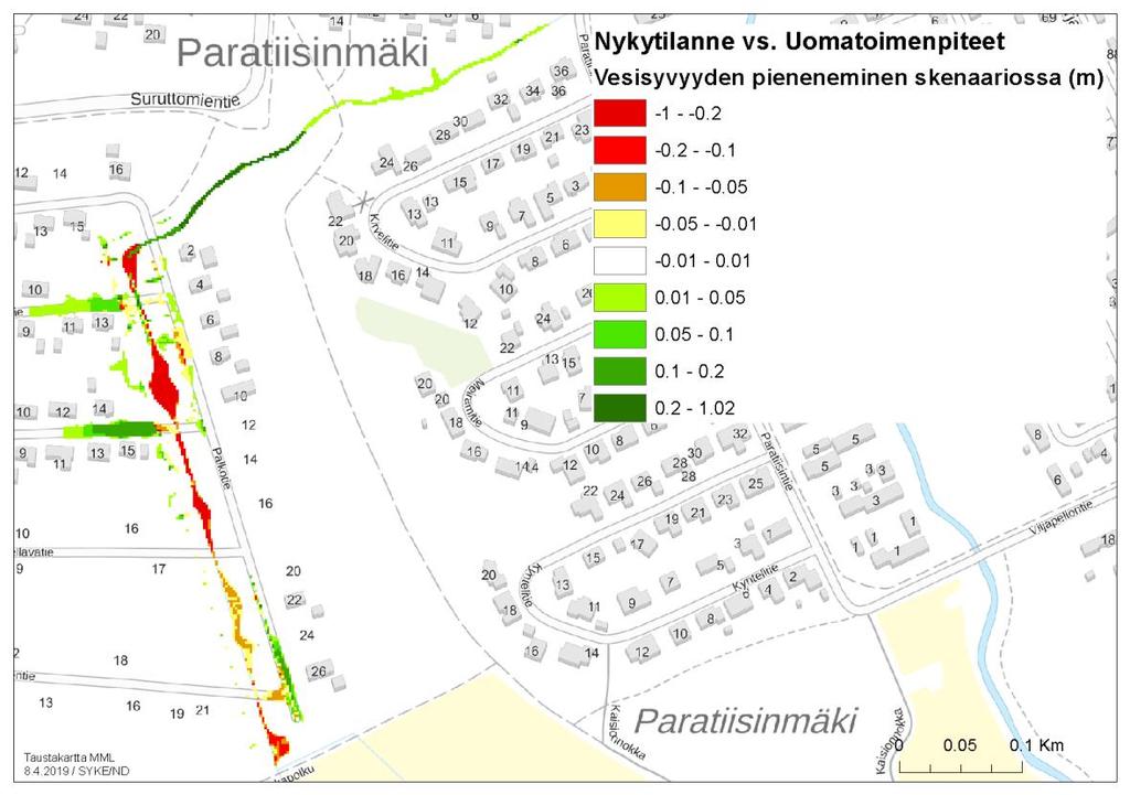 Kuva 28. Paratiisinmäen luonnonmukaisen uoman vaikutus suurimpaan vesisyvyyteen. Kuvassa on esitetty vesisyvyyden pieneneminen skenaariossa 2.