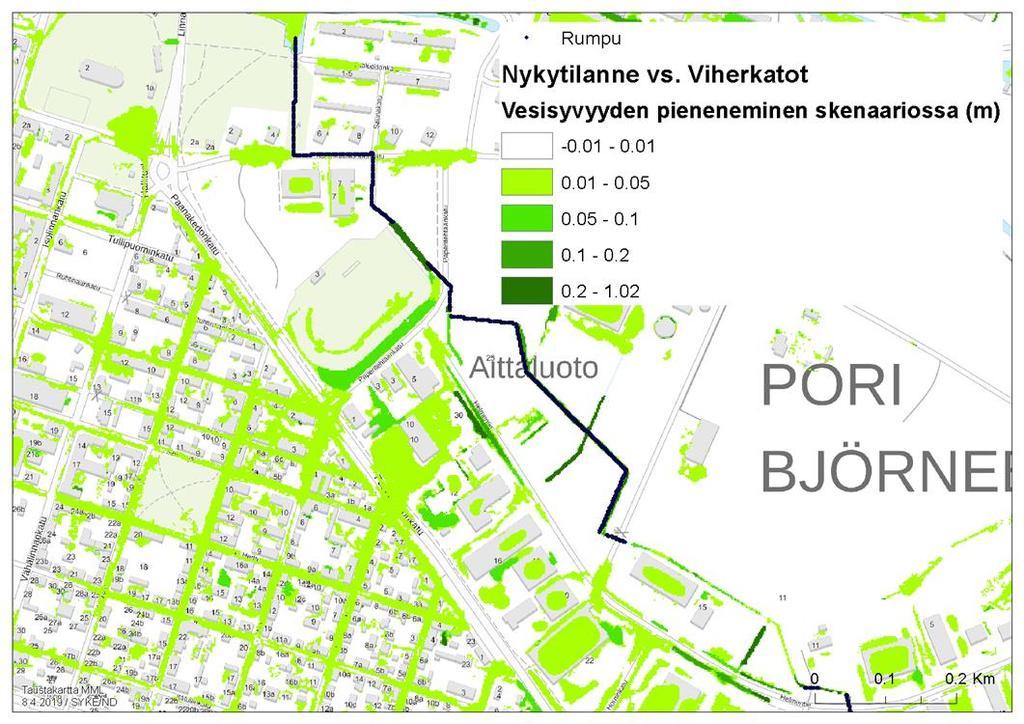 Kuva 30. Vesisyvyyden pieneneminen nykytilanteen ja viherkatto-skenaarion (skenaario 1) välillä.