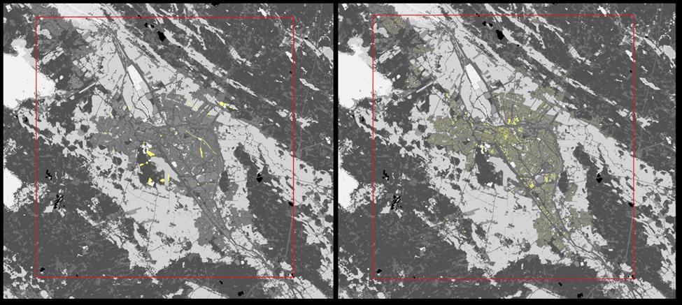 Kuva 34. Porin analyysissä mallinnetut luontopohjaiset ratkaisut kartalla: uomatoimenpiteet (vasen) ja viherkatot (oikea). Kustannushyötyanalyysissä vertailemme kolmea eri skenaariota: Skenaario 1.