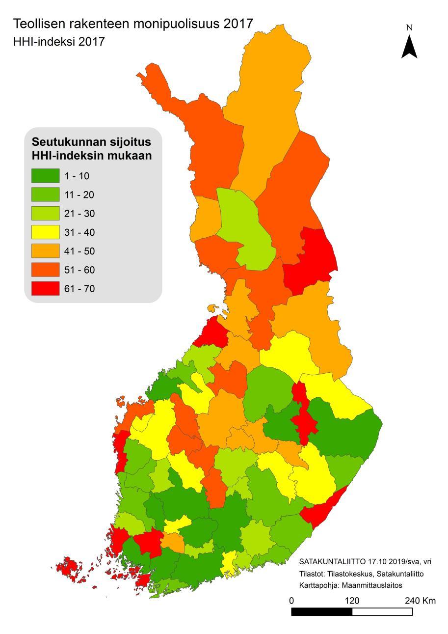 Vihreällä monipuolisimman teollisuuden rakenteen (TOL C) seutukunnat, punaisella heikoimmat (v.