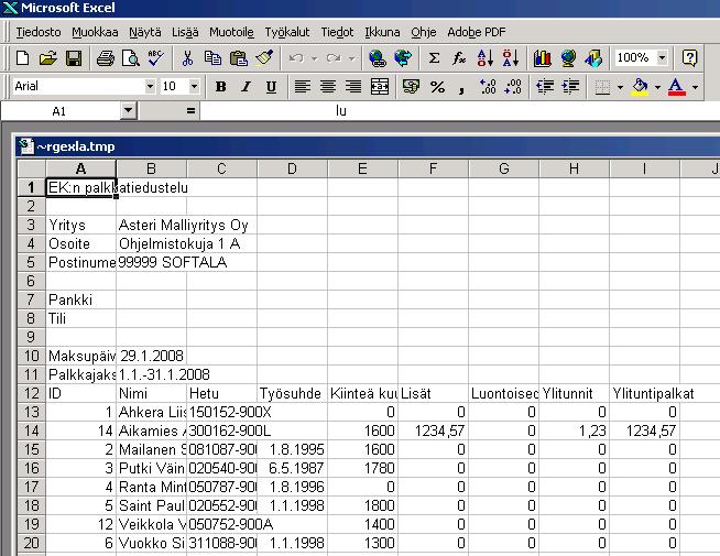 116/203 KÄYTTÖOHJEET Asteri Palkanmaksu (5) Jatka tietojen muokkaamista Excelissä siten,
