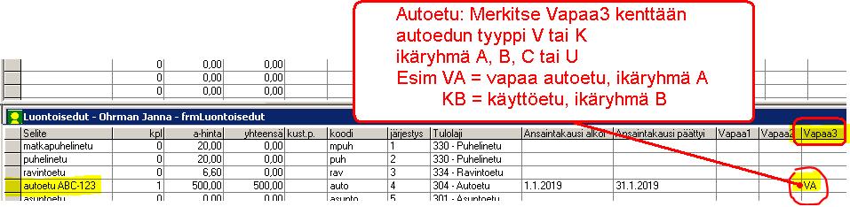 130/203 KÄYTTÖOHJEET Asteri Palkanmaksu 9.1.1 Autoetu Autoetu vaatii jokaiseen ilmoitukseen ottamaan kantaa, onko kyseessä vapaa vai käyttöetu, auton ikäryhmän ja mahdollisen kilometrimäärän.