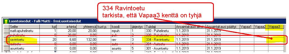 Asteri Palkanmaksu KÄYTTÖOHJEET 131/203 9.1.3 Ravintoetu 9.1.3.1 Lounasseteleistä ei peritä korvausta Tulolajilla 334 Ravintoetu ilmoitetaan ravintoedun määrä.
