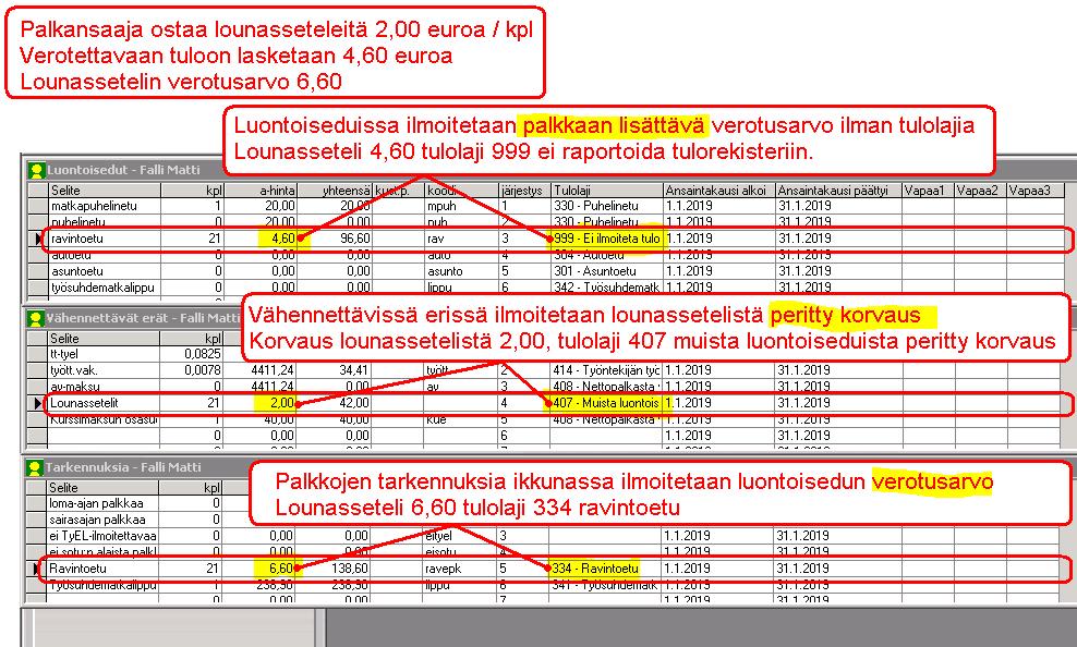 Asteri Palkanmaksu KÄYTTÖOHJEET 133/203 9.1.3.3 Työntekijä ostaa lounasseteleitä alle verotusarvon Työntekijä ostaa lounasseteleitä alle verotusarvon.