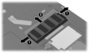 b. Tartu muistimoduuliin (2) sen reunasta ja vedä moduuli varovasti ulos muistimoduulipaikasta. Aseta muistimoduuli staattiselta sähköltä suojattuun pakkaukseen. 10.