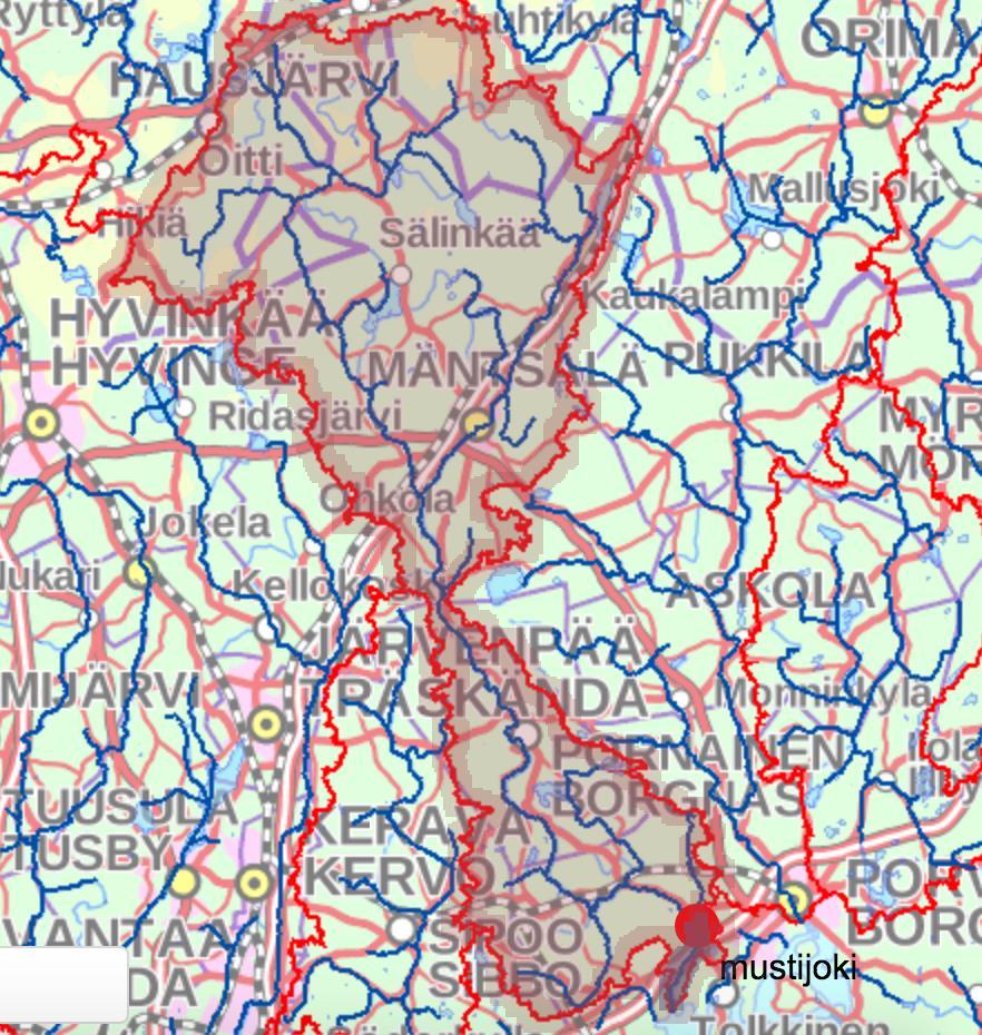 Mustijoen valuma-alue Valuma-alueella vähän järviä, pääosin metsä-
