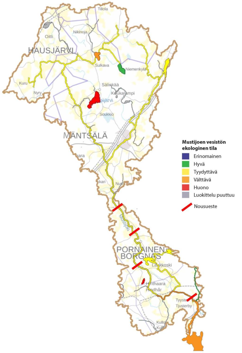 Mustijoen veden laatu Joen ekologinen tilaluokitus pääosin tyydyttävä, joen alaosilla välttävä Valuma-alueen järvet samoin tyydyttävässä tai jopa huonossa ekologisessa tilassa Pohjaeläimistön