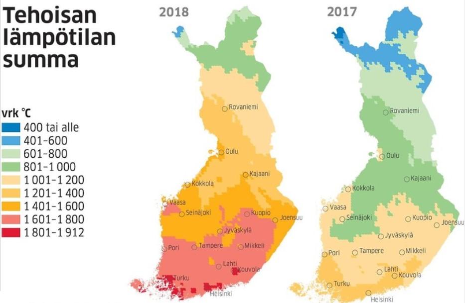 36 Tehoisan lämpötilan summa Kuten edellä ilmenee, kesä on ollut hyvin lämmin ja kuiva. Maaseudun tulevaisuus lehti kirjoitti 7.12.2018 siihen liittyvästä tehoisasan lämpötilan summasta.