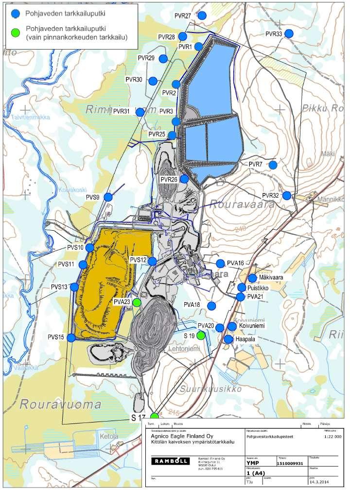 Kartta 1: Kittilän kaivoksen pohjavesitarkkailupisteet vuonna 2014.