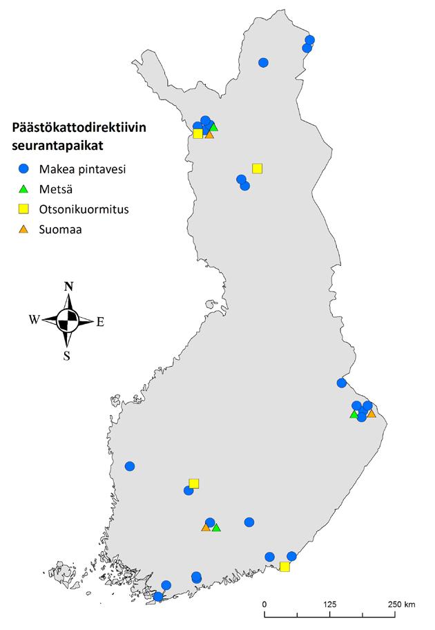 Monitoring sites of the NEC Directive Fresh surface water Woodland Ozon load Peatland Figure 25. The sites of ecological impact monitoring under Article 9 of the NEC Directive.