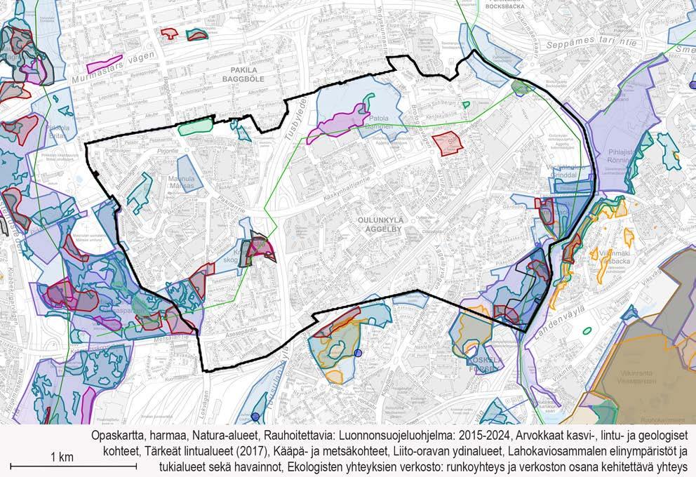 Patolan metsä ja Veräjälaakson metsät Vantaanjoen varressa, Vantaanjoki sekä pienemmät metsäalueet ja puistot.