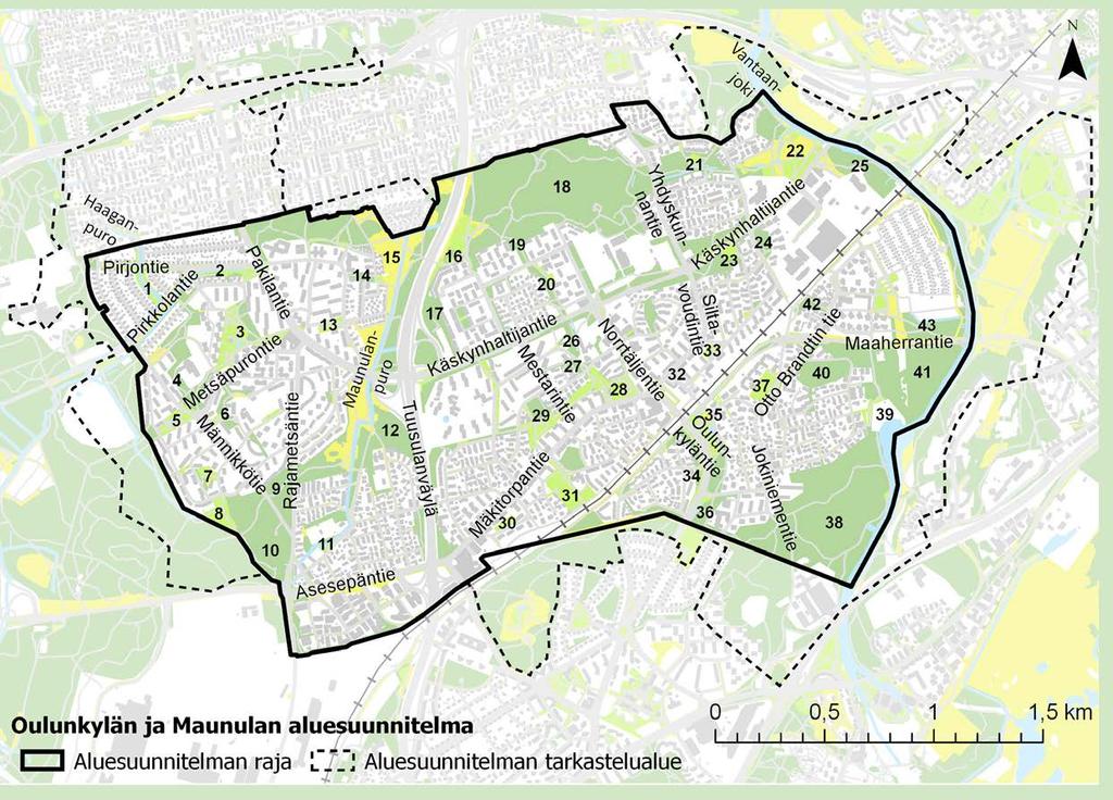 Viheralueet 1. Kirsikkapuronpuisto 2. Lampuodin puisto 3. Maunulanpuisto 4. Kuusikkopuisto 5. Sorsapuisto 6. Männikköpuisto 7. Töyrypuisto 8. Koivikkopuisto 9. Rajametsäntien puistikko 10.