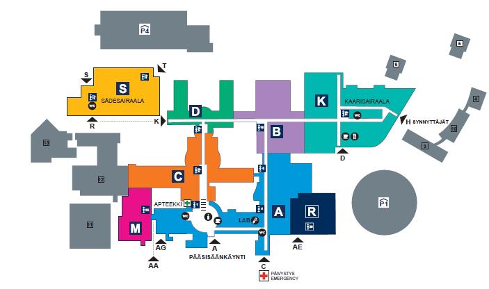 T-KÄYTÄVÄ (Infopalvelut, kulkukortit) Reitti pääsairaalasta Kaarisairaalaan