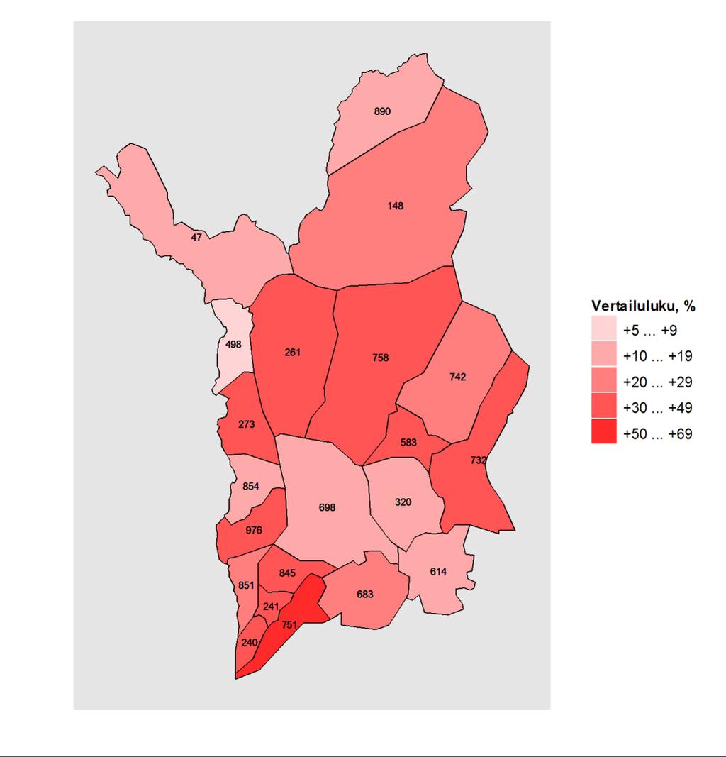 Kartta 1. Vammojen ja myrkytysten aiheuttamat hoitojaksot alueen kunnissa vuosina 2010 2014, vertailutiedot koko maan tilanteeseen. Kartta: Maanmittauslaitoksen Yleiskartta 1:4 500 000, 2011.