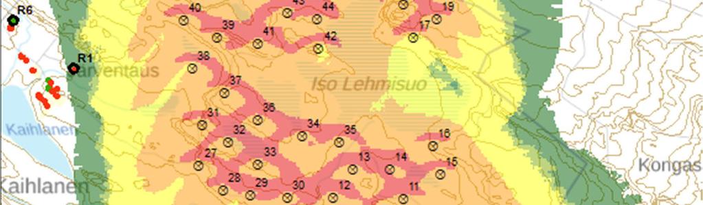 Kuvasta nähdään, että varjon vilkunnan määrä on suurta tuulivoimaloiden välittömässä läheisyydessä olevilla