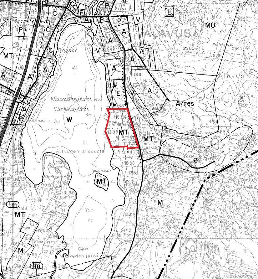 12 Yleiskaava Alavuden keskustan oikeusvaikutukseton osayleiskaava on hyväksytty kaupunginvaltuustossa 19.6.1995. Suunnittelualue on osoitettu maa- ja metsätalousalueeksi MT-merkinnällä.