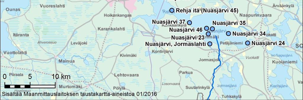 Pienimmät happipitoisuudet mitattiin pisteeltä Nuasjärvi 35 elokuussa 215 (purkuputki ei ollut vielä käytössä) ja syyskuussa 216.