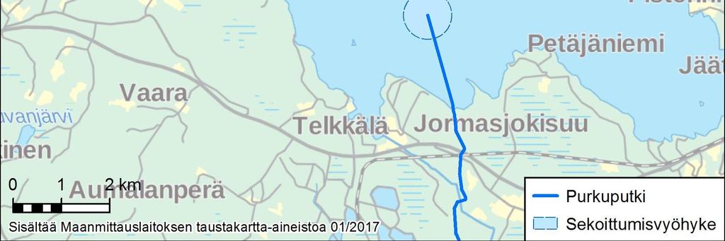 Cormix-laskelmiin perustuva esitys sekoittumisvyöhykkeestä. Vyöhykkeen säde on 5 m ja pinta-ala 78,5 ha.