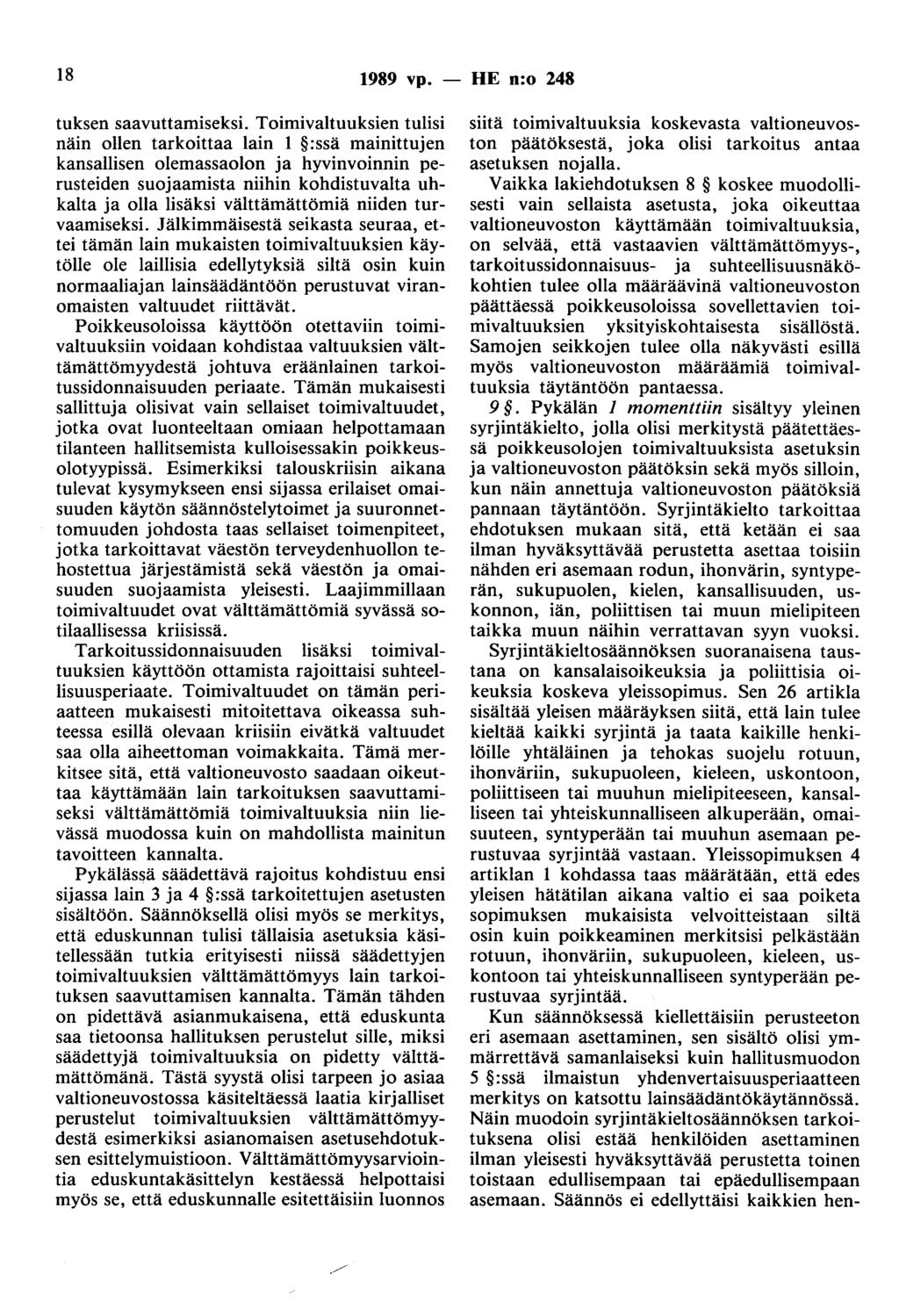 18 1989 vp. - HE n:o 248 tuksen saavuttamiseksi.