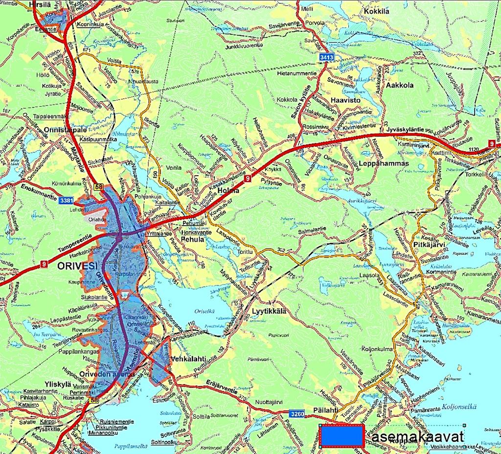 ASEMAKAAVOITUS Orivedellä on asemakaavoitettuja alueita Oriveden Keskustassa 420 ha, Aseman seudulla 420 ha, Hirsilässä 36 ha sekä Säynäniemessä 5 ha.