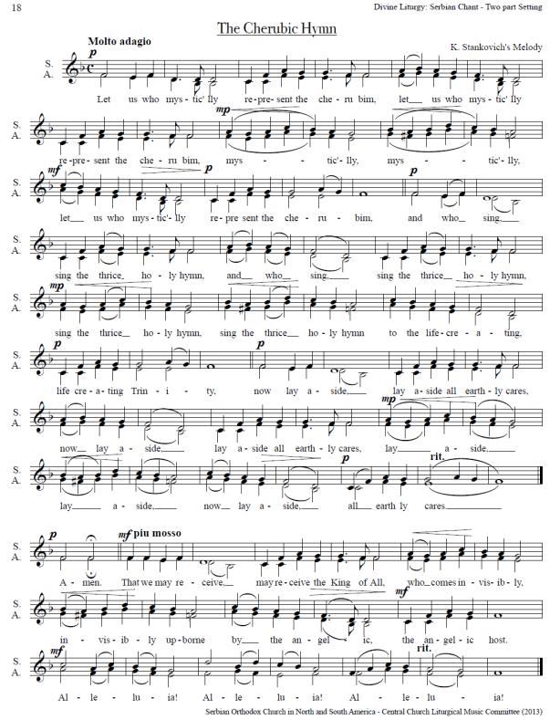 Liite 5. Stankovićin Kerubiveisun melodia. a) Resanovic 2013, 18. b) Resanovic 2013, 19. Kaksiääninen sovitus englanniksi.