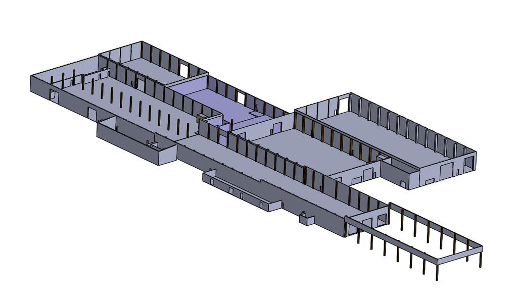9 Kuva 1. Piirretyn tuotantokoneen 3D-malli (Tuominen, SolidWorks) Kuva 2. Piirrettyjen hallien kokoonpano ilman koneita (Tuominen, SolidWorks) 3.
