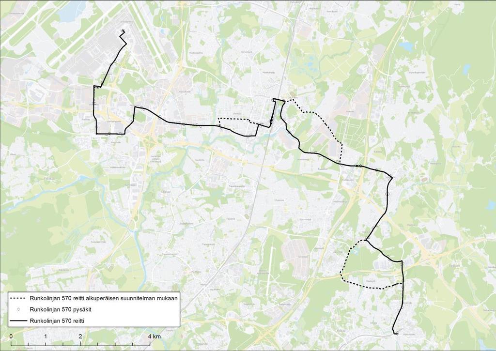 Vertailuvaihtoehdon reitin valinta Runkolinjan 570 reitin muutokset Vertailuvaihtoehtona käytettävän runkolinjan 570 reitiksi valittiin työssä Vantaan ratikan reittiä vastaava linjaus.