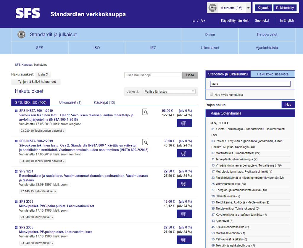 Ohje 5 (8) Tuotteen tiedot Hakutuloksessa näet standardin tunnuksen, otsikon ja hinnan. Lisäksi näet, koska standardi on vahvistettu sekä mihin tuoteryhmiin se kuuluu.