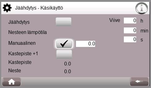 Jäähdytystoiminnon asetusarvoja muokataan Muut asetusarvot -valikon kuvakkeesta Jäähdytys, kun Jäähdytys-lisvaruste on hankittu.