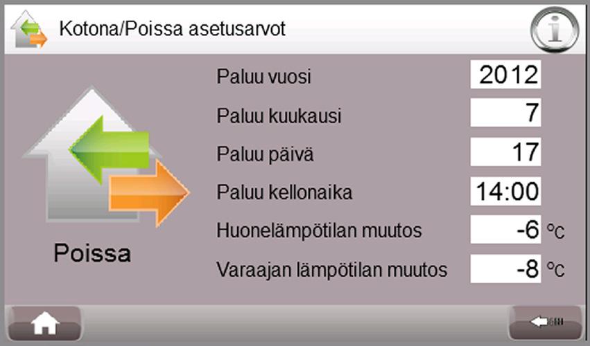 Samalla määritetään huone- ja varaajaläpötilojen muutokset. Paluu-arvoksi voidaan määrittää esim.