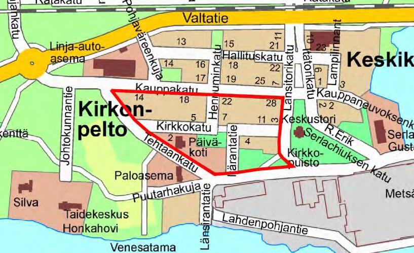 2. Kirkonpellon asemakaavamuutos Kaavoitettavan alueen rajaus Kaavamuutos koskee Mäntän 1. kaupunginosan kortteleita 103, 104, 105 ja 106, urheilu-, virkistys ja katualueita.