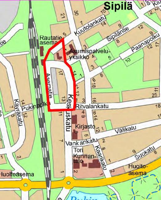 Kaavoitettavan alueen rajaus Mänttä-Vilppulan kaupunki on ostanut vuonna 2018 niin sanotun Vilppulan Valintalon kiinteistön, joka sijoittuu rautatien sekä Keskuskadun väliin, Vilppulan keskustan