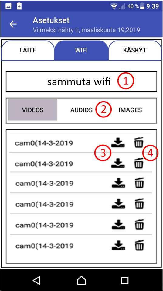 Laitteen ohjaaminen, Asetukset (wifi) WIFI välilehdellä painikkeesta (1), avataan tai suljetaan wifi yhteys laitteen ja käyttäjän välille.