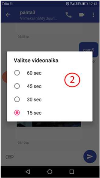 valikko josta valitaan videon pituus (2), tämän jälkeen aukeaa