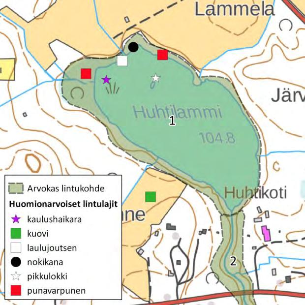 FCG SUUNNITTELU JA TEKNIIKKA OY Raportti 16 (25) 5.4.3 Paikallisesti arvokkaat alueet 1. Huhtilammi Huhtilammi on rehevä lintujärvi selvitysalueen luoteisosassa Huhtijärven alueella (Kuva 5).