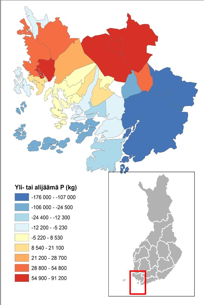 keskittynyt alueellisesti ja osalla alueista merkittävä lantafosforin ylijäämä