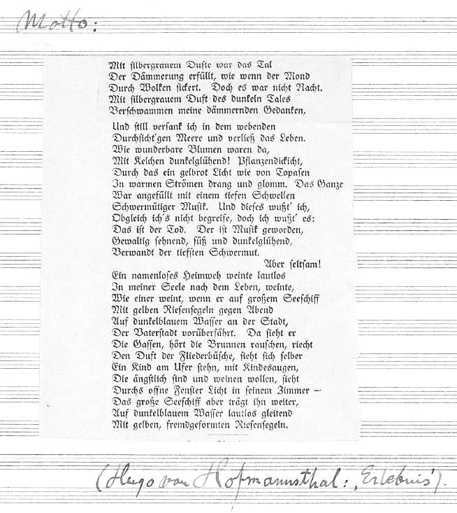Kuva 3. Fantasia poetican mottoruno partituurin takalehdellä. Nuottisivuja Fantasia poetican partituurissa on yhteensä 51, ja Raition itsensä merkitsemiä harjoitusnumeroita 27.