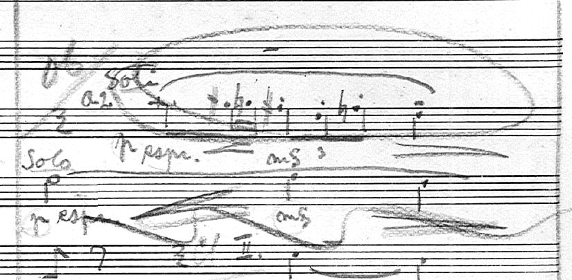 Esimerkki 10. Kuutamon Jupiterissa ydinaiheen augmentaatio englannintorvella (alempi viivasto) ja retroinversion tyypillisin variaatio oboeilla (sivu 16, harjoitusnumero 9).