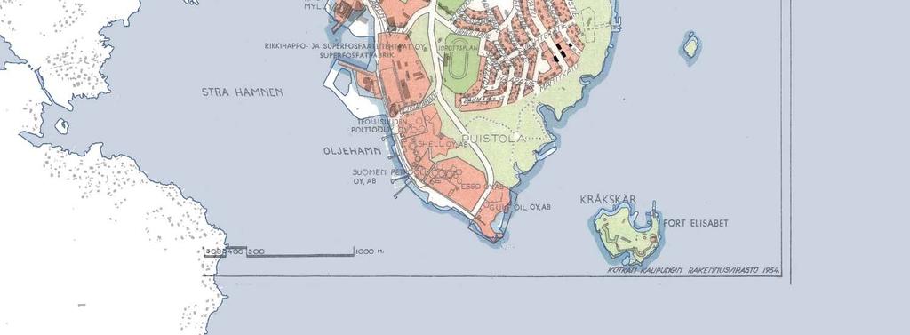 Öljysatama Aiemmissa kaavoissa säilynyt viheryhteys meren rantaan saaren itäosassa katkeaa tehtaan laajenemisen myötä