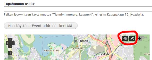 Kirjoita tapahtuman osoite ja kaupunki, esim. Kauppakatu 32, Jyväskylä. Klikkaa Hae käyttäen Event Address -kenttää, jolloin osoite paikannetaan karttaan. Huom.