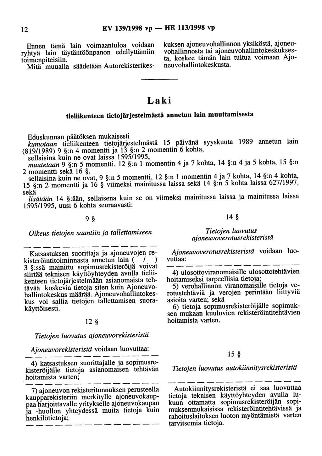 12 EV 139/1998 vp - HE 113/1998 vp Ennen tämä lain voimaantuloa voidaan ryhtyä lain täytäntöönpanon edellyttämiin toimenpiteisiin.