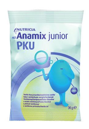 PKU-tauti (Fenyyliketonuria) PKU Anamix Junior 1 10 -vuotiaille lapsille TAMRON TILAUSNUMEROT: 2490365 neutraali 2490217 suklaa 2490068 vanilja Pakkauskoko: 30 pussia à 36 g Juomajauheena käytettävä