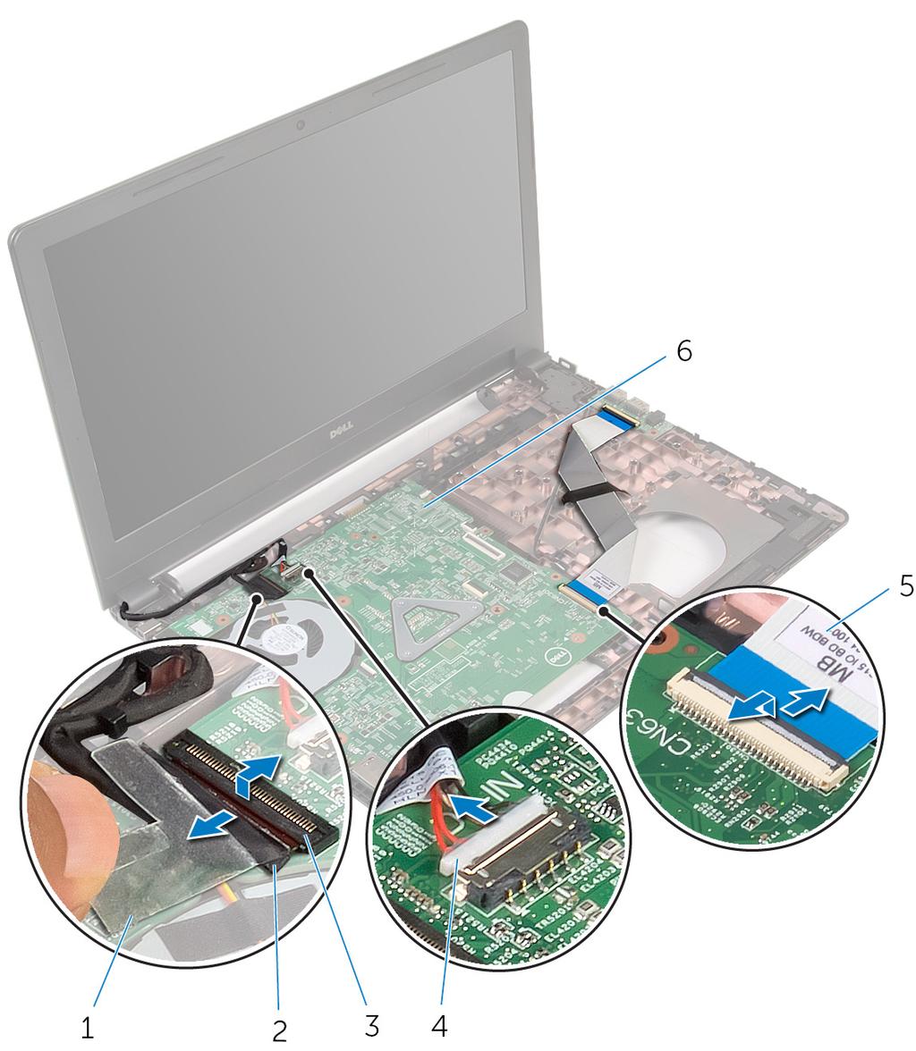 1. speaker cable 2. slot 2. Turn the computer over and open the display as far as possible. 3. Peel the tape that secures the display cable to the system board. 4.