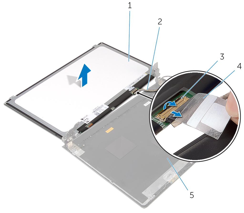 3. näytön takakansi 3. Irrota teippi, jolla näyttökaapeli kiinnitetään näytön takakanteen. 4.