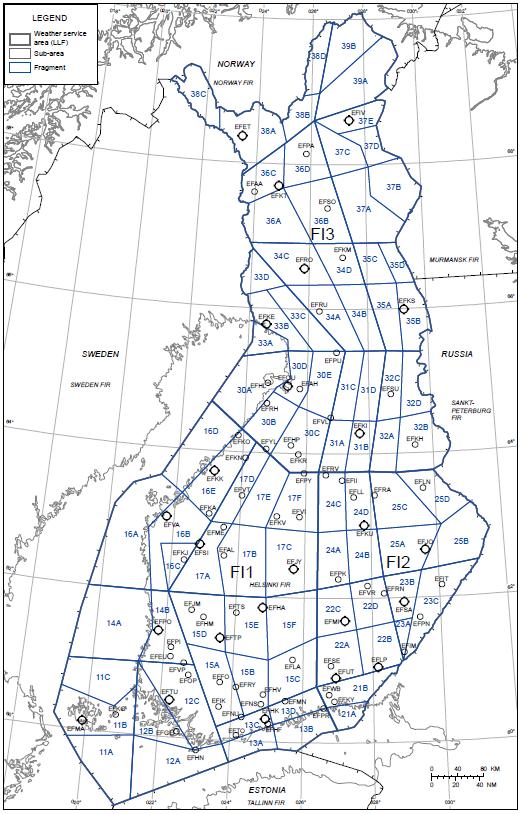 LLF-ennusteen aluejako LLF-tuotteen tekstiennusteessa Suomi on jaettu kolmeen sääpalvelualueeseen fi1 (Länsi- Suomi), fi2 (Itä-Suomi) ja fi3 (Pohjois-Suomi).