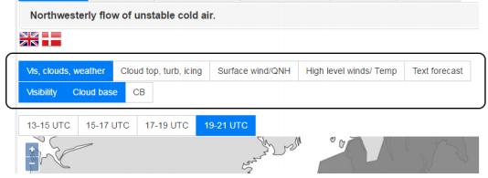 Text forecast: kuluvan päivän tekstiennuste (Today), Ruotsissa ja Tanskassa mahdollisesti myös huomisen tekstiennuste (Tomorrow) Sääparametriryhmän Vis, Clouds, Weather välillä on mahdollista katsoa